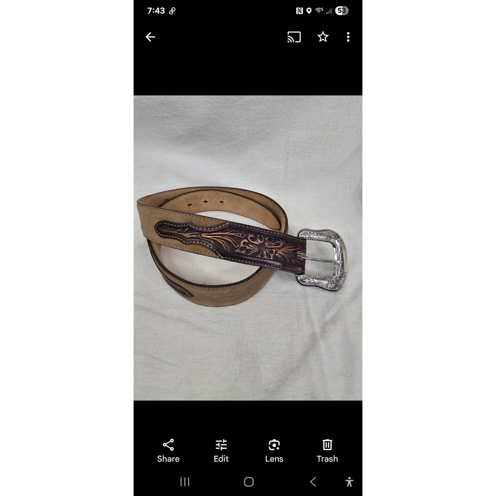 Justin Two Tone Leather Tooled Belt‎ Sz 34 1.5" USA C13718 No Loop Keeper
